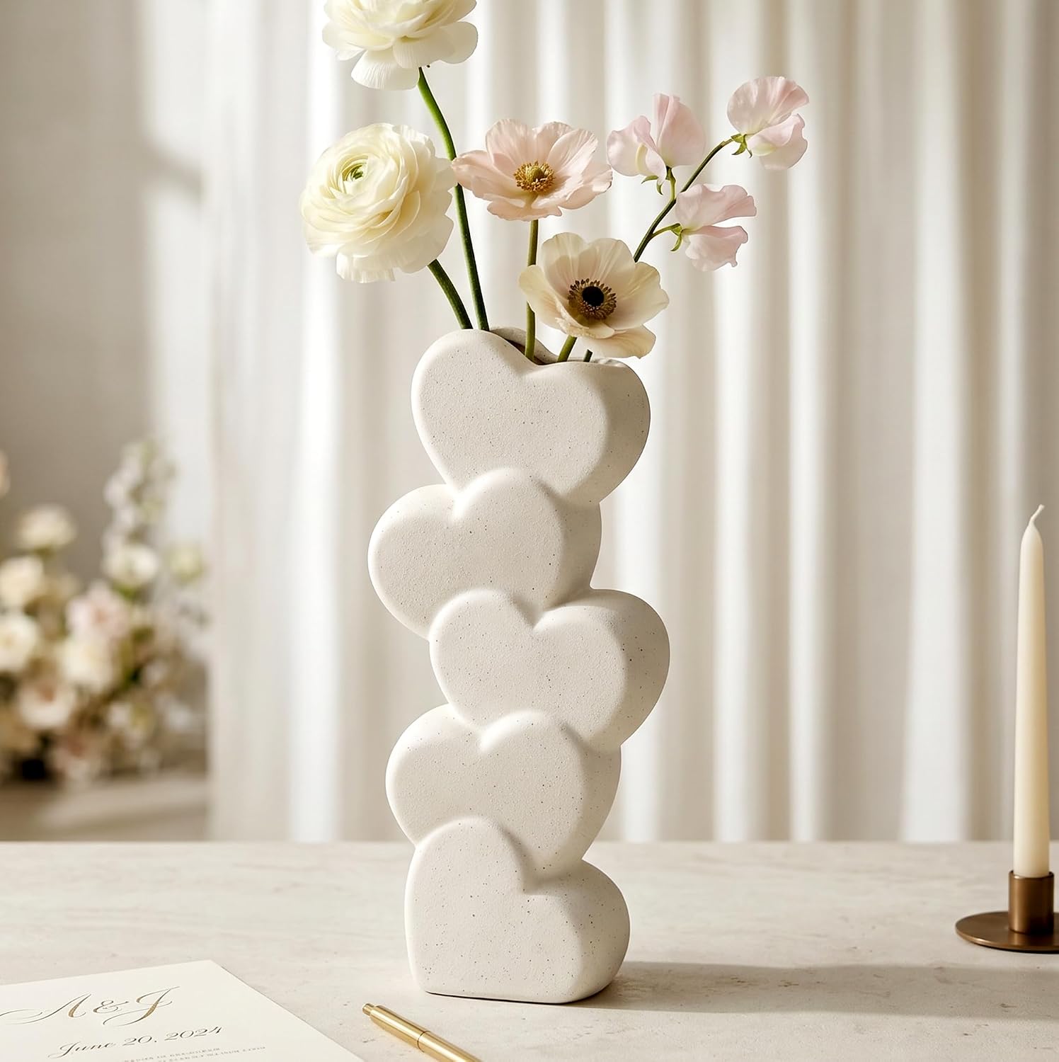Modern Aesthetic Stacked Heart Vase, White Ceramic Flower Vase, Minimalist Decorative Vase for Boho Farmhouse Living Room Bedroom Office
