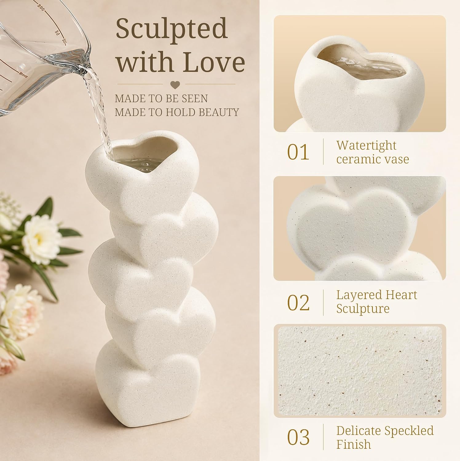 Modern Aesthetic Stacked Heart Vase, White Ceramic Flower Vase, Minimalist Decorative Vase for Boho Farmhouse Living Room Bedroom Office