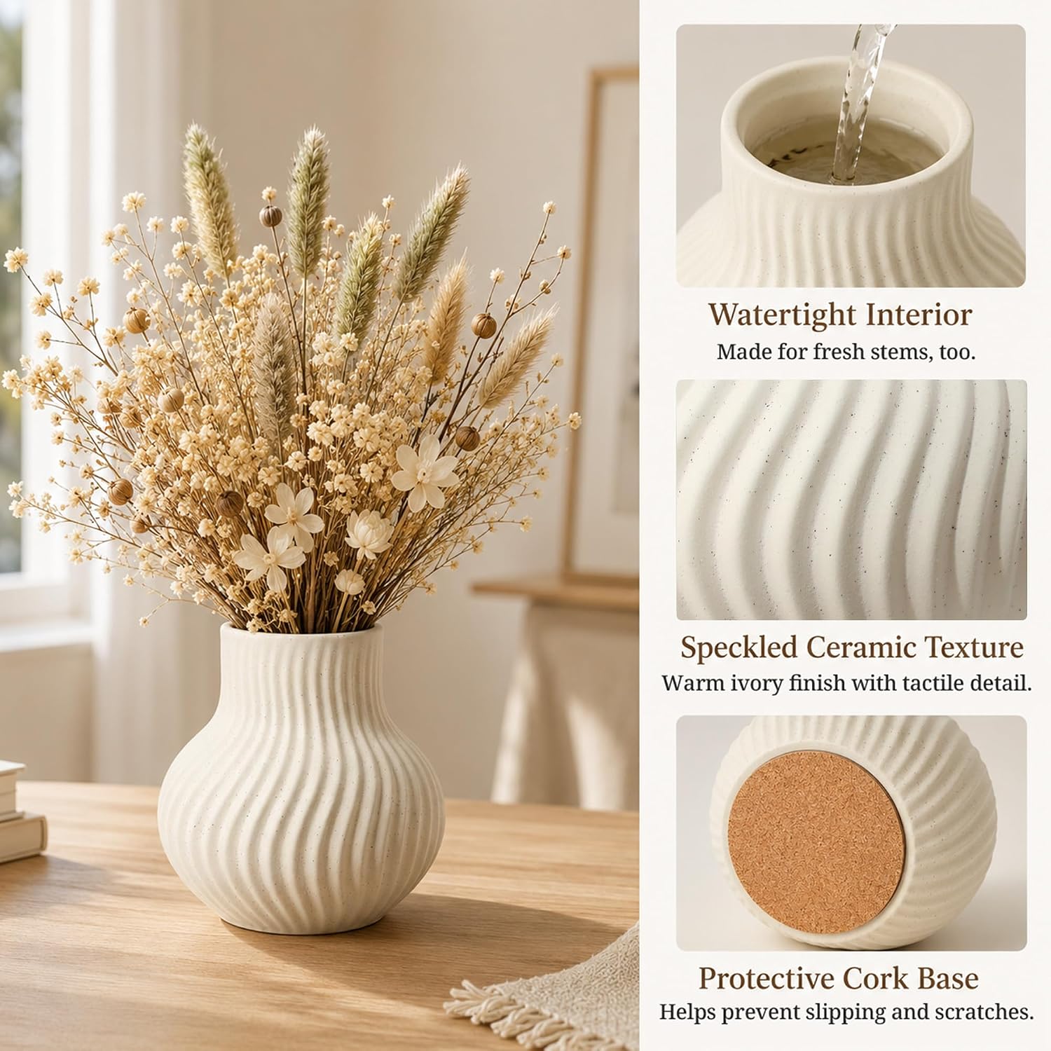 White Ceramic Vase, Modern Ribbed Flower Vase for Pampas Grass (Off White) | Cream Beige Wavy Decorative Vase, Boho Table Centerpiece for Living Room, Minimalist Ceramic Flowerpot, Dried Flowers Decor