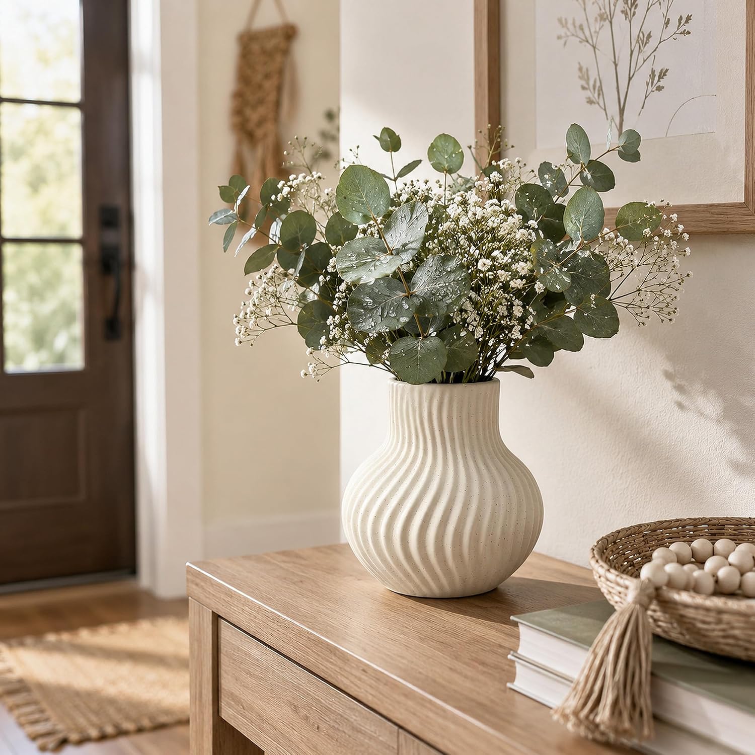 White Ceramic Vase, Modern Ribbed Flower Vase for Pampas Grass (Off White) | Cream Beige Wavy Decorative Vase, Boho Table Centerpiece for Living Room, Minimalist Ceramic Flowerpot, Dried Flowers Decor