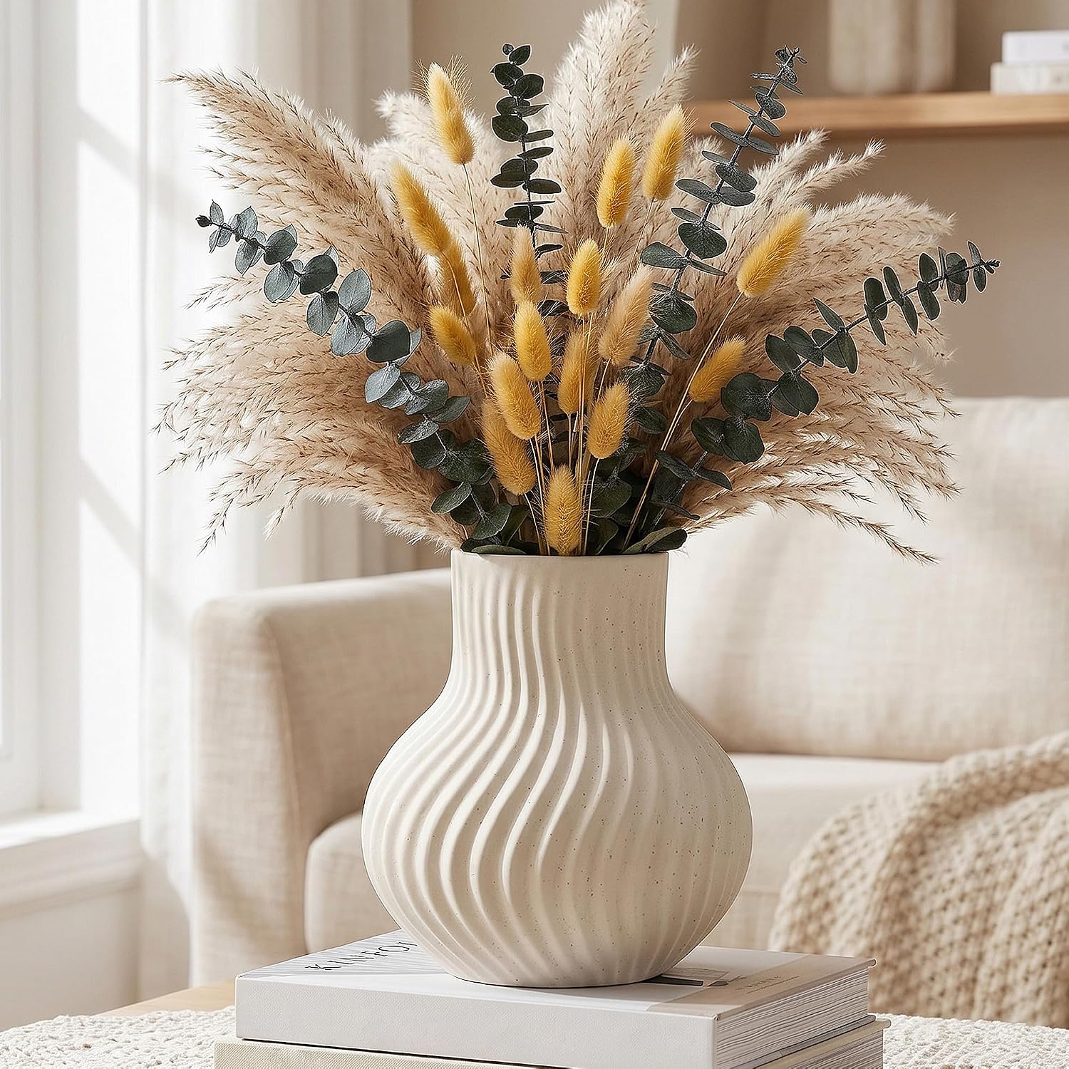 White Ceramic Vase, Modern Ribbed Flower Vase for Pampas Grass (Off White) | Cream Beige Wavy Decorative Vase, Boho Table Centerpiece for Living Room, Minimalist Ceramic Flowerpot, Dried Flowers Decor
