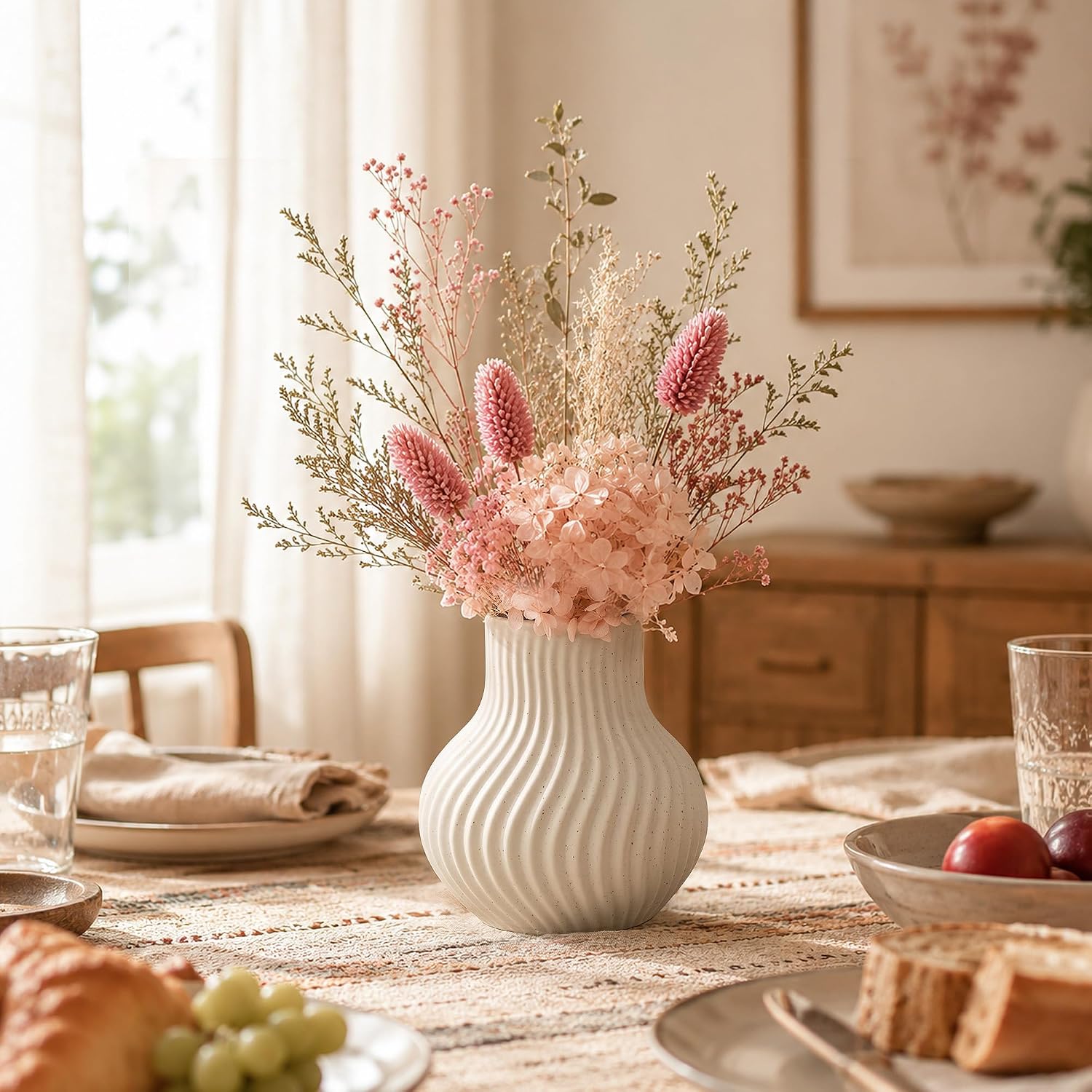 White Ceramic Vase, Modern Ribbed Flower Vase for Pampas Grass (Off White) | Cream Beige Wavy Decorative Vase, Boho Table Centerpiece for Living Room, Minimalist Ceramic Flowerpot, Dried Flowers Decor