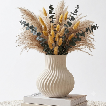 White Ceramic Vase, Modern Ribbed Flower Vase for Pampas Grass